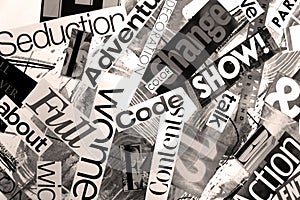 Black collage of words on a mood board. bright atmospheric background of words and letters cut out from a magazine.