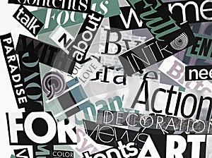 Black collage of words on a mood board. bright atmospheric background of words and letters cut out from a magazine.