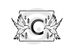 Black color of bird line art with C initial letter