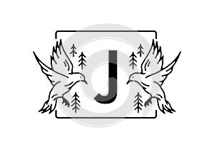Black color of bird line art with J initial letter