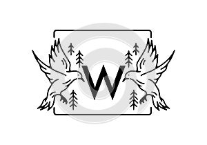 Black color of bird line art with W initial letter
