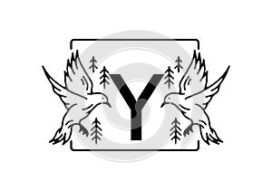 Black color of bird line art with Y initial letter