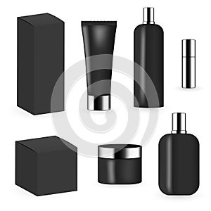 Black color cosmetic package template collection for cream, foams, gel, lotion