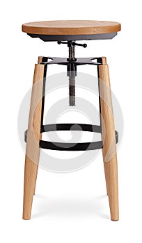 Black color high spinning bar stool, chair, wood, metal chair, modern designer. Chair isolated on white background. Series of