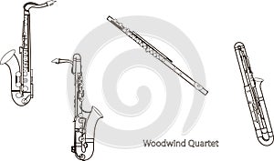 Black color line, shape or outline forms of musical instruments as  saxophones, sax, bassoon and flute illustration