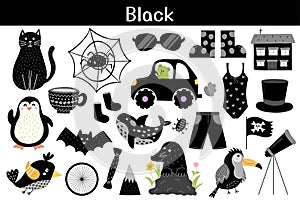 Black color objects set. Learning colors for kids. Cute elements collection