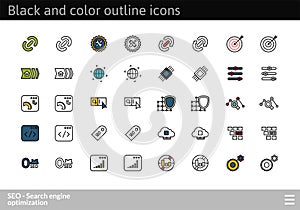 Black and color outline icons, thin stroke line style design