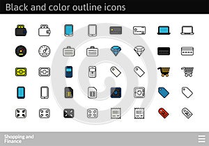 Black and color outline icons, thin stroke line style design