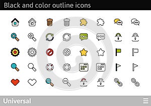 Black and color outline icons, thin stroke line style design