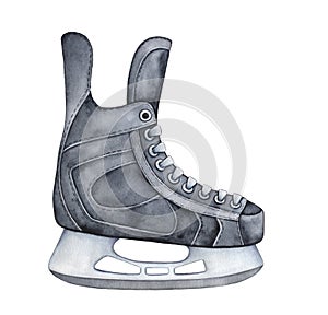 Black colored ice hockey skates with laces and metal blade.