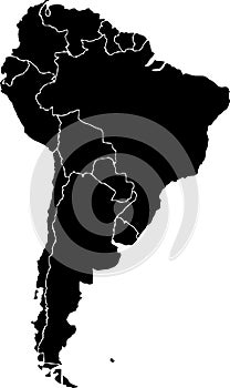Black colored South America outline map. Political south american map. Vector illustration