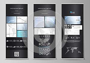 The black colored vector illustration of the editable layout of roll up banner stands, vertical flyers, flags design