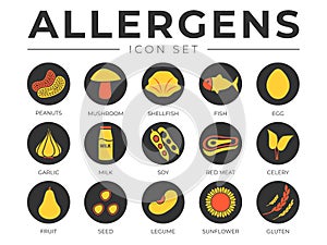 Black Colorful Allergens Icon Set. Allergens, Mushroom, Shellfish, Fish, Egg, Garlic, Milk, Soy Meat, Celery, Fruit, Seed, Legume