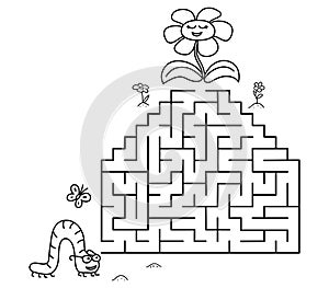 Black coloring pages with maze. Cartoon caterpillar and flower. Kids education game on white background. Outline vector