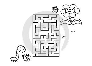 Black coloring pages with maze. Cartoon caterpillar and flower. Kids education game on white background. Outline vector