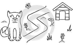 Black coloring pages with maze. Cartoon dog and booth. Kids education art game. Template design with pet. Outline vector