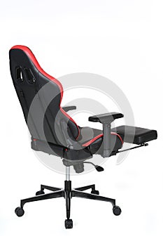 Black comfortable gaming chair isolated on white background. View from the rear