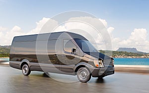 Black Commercial Van on Coastal Road Motion Blurred 3d Illustration