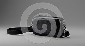 Black Compact Camera Bag with Strap on Gray Background
