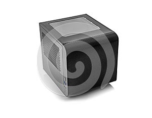 A black, compact, cube-shaped computer case isolated on a white background.