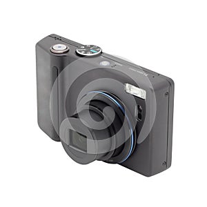 Black compact digital camera.