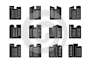 Black Company icons and vector buildings set, Isolated office collection on white background