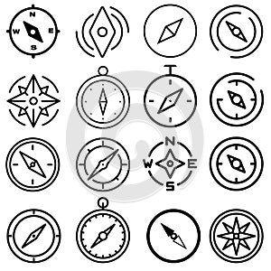 Black compass icons vector set on white background. adventure illustration sign collection.