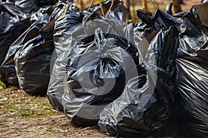 Black, complete and tied garbage bags standing together on the street,