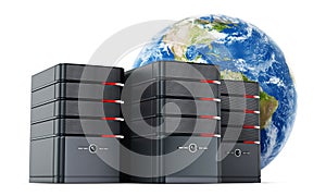 Black computer cases in front of the earth model. 3D illustration