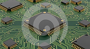 Black computer chips on green circuit board technology electronic components