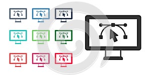 Black Computer display with vector design program icon isolated on isolated on white background. Photo editor software