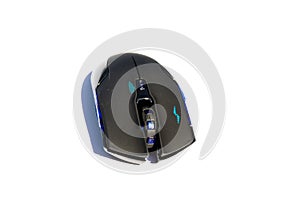 Black computer gaming mouse on white background.