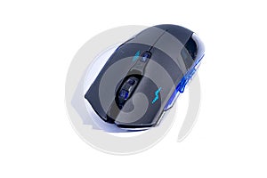 Black computer gaming mouse on white background.