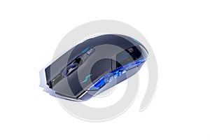 Black computer gaming mouse on white background.