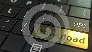Black computer keyboard and gold download key. Conceptual 3D rendering