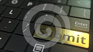 Black computer keyboard and gold submit key. Conceptual 3D rendering