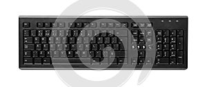 Black computer keyboard isolated on a white background. Top view