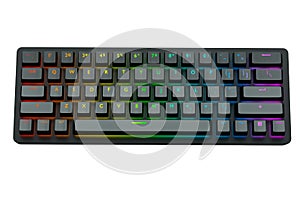 Black computer keyboard with rgb colors isolated on white background.