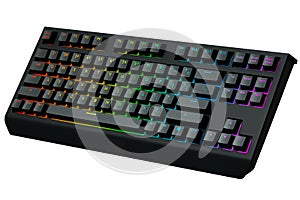 Black computer keyboard with rgb colors isolated on white background.