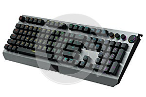 Black computer keyboard with rgb colors isolated on white background.