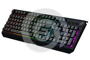 Black computer keyboard with rgb colors isolated on white background.