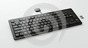 Black computer keyboard with a USB connector on a white surface. The keyboard