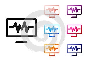 Black Computer monitor with cardiogram icon isolated on white background. Monitoring icon. ECG monitor with heart beat