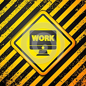 Black Computer monitor with text work icon isolated on yellow background. Warning sign. Vector Illustration