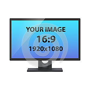 Black computer monitor. Unbranded computer screen, front view, photorealistic vector mockup