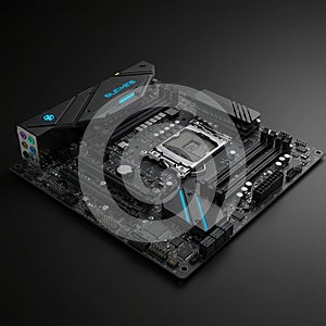 A black computer motherboard is displayed against a dark background. It features an