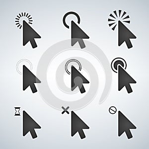 Black Computer mouse click cursor arrow icons set. Vector illustration isolated on modern background.