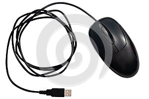 black computer mouse with usb cable on isolated white background