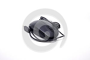Black computer mouse  on white background with clipping path and copy space