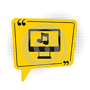 Black Computer with music note symbol on screen icon isolated on white background. Yellow speech bubble symbol. Vector